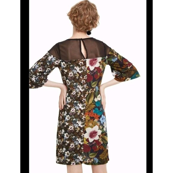 Desigual Morgana Floral Patchwork Dress Sz S Sheer‎ Mesh Bell Sleeve Cottagecore - Picture 2 of 13